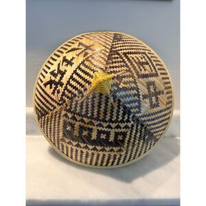 Vintage Handmade Woven Natural Bamboo Asian Douli Sun Hat Tan Brown OS